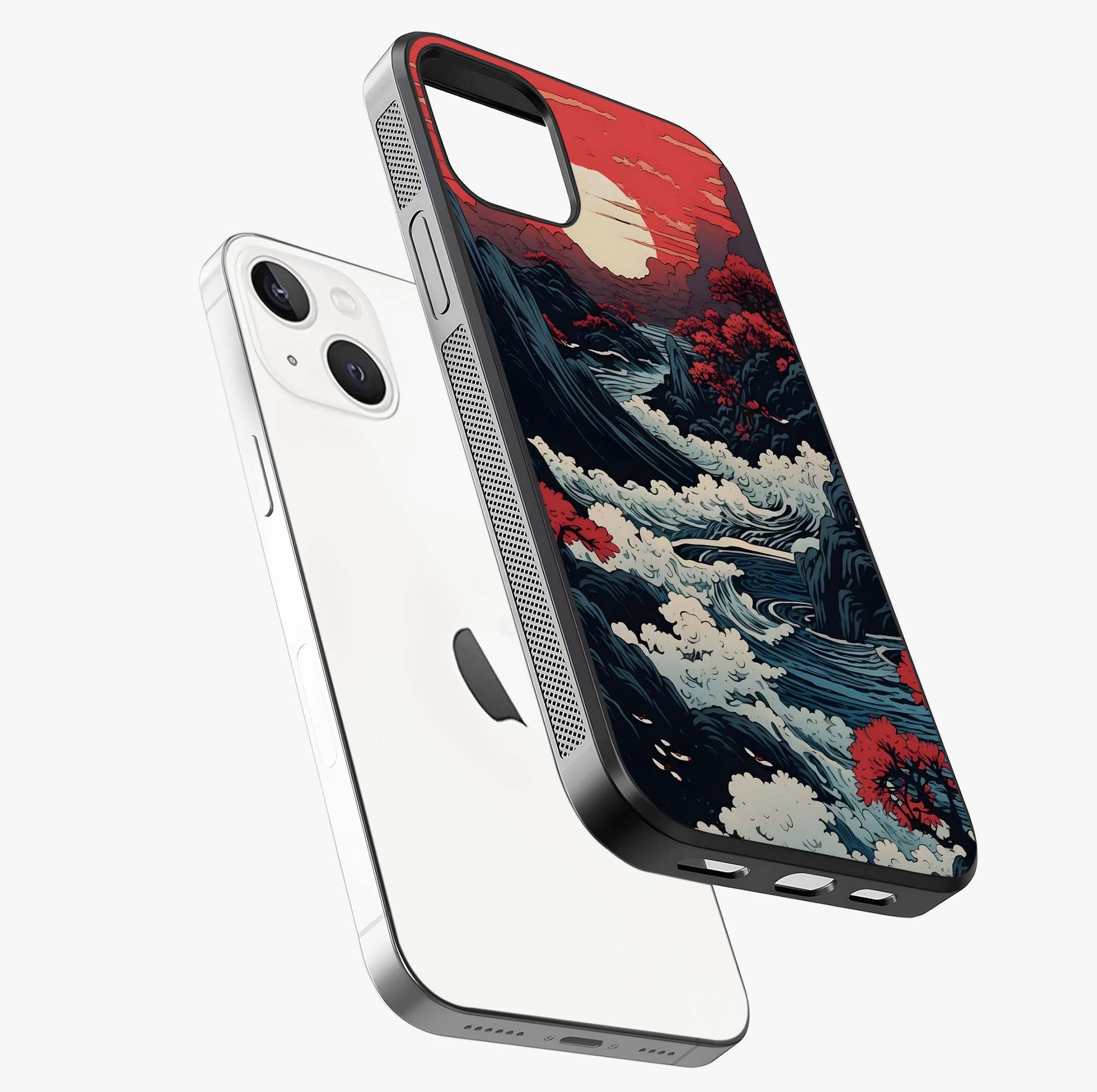 Red Sunset Scenery Glass Case laid diagonally highlighting side profile, edges and glossy glass shine.