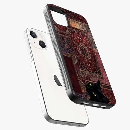 Regal Magic Cat Apple Glass Case laid diagonally highlighting side profile, edges and glossy glass shine.