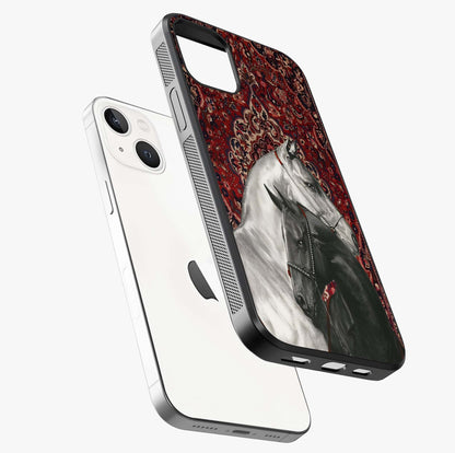 Regal Stallion Tapestry Glass Case laid diagonally highlighting side profile, edges and glossy glass shine.