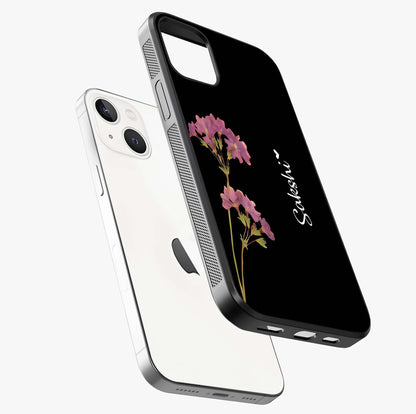 Riching Lavender Flower Custom Name Glass Case laid diagonally highlighting side profile, edges and glossy glass shine.