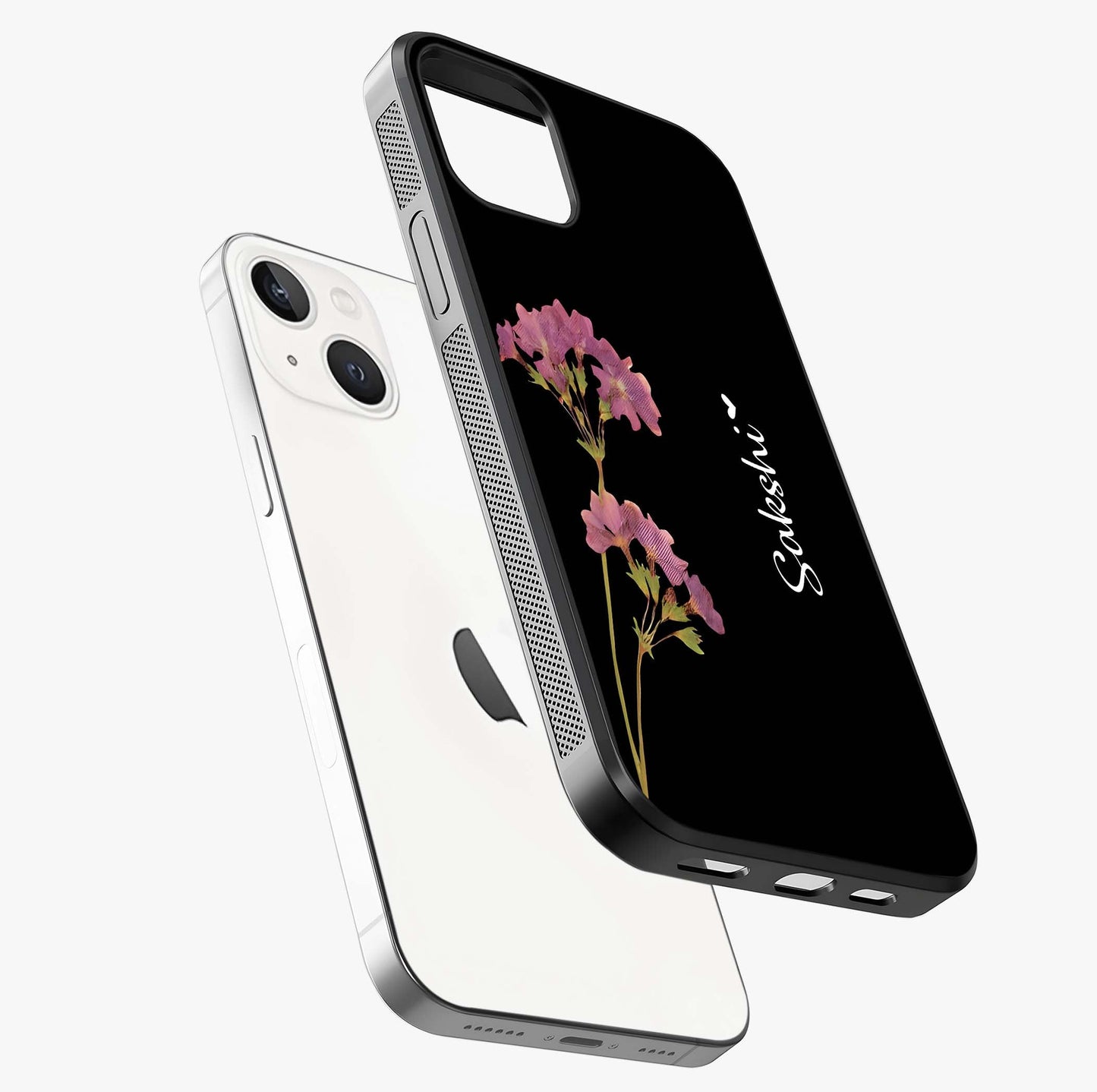 Riching Lavender Flower Custom Name Glass Case laid diagonally highlighting side profile, edges and glossy glass shine.