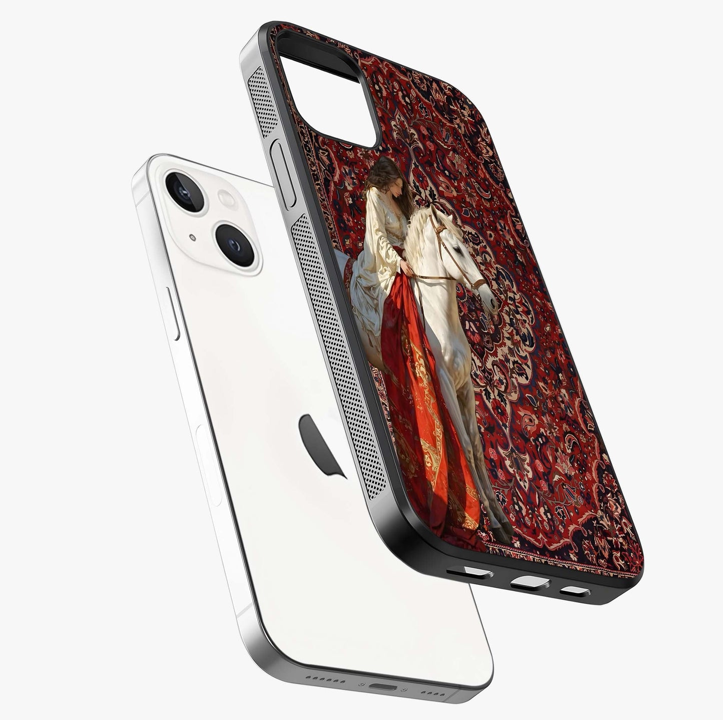 Royal Rider Tapestry Glass Case laid diagonally highlighting side profile, edges and glossy glass shine.