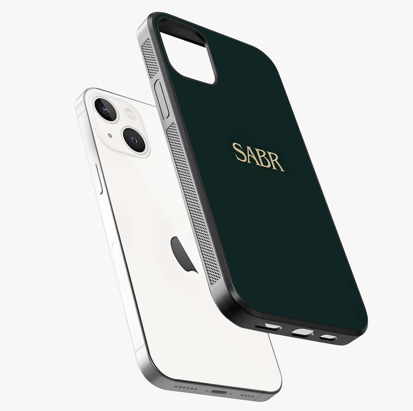 Sabr Minimal Patience Glass Case laid diagonally highlighting side profile, edges and glossy glass shine.