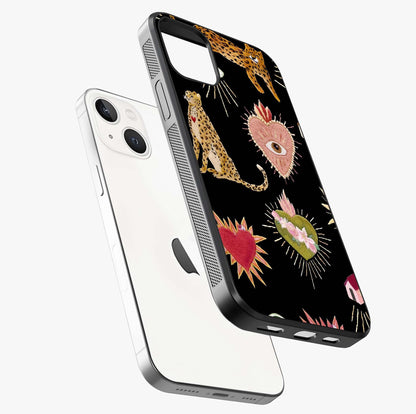 Sacred Jungle Heart Glass Case laid diagonally highlighting side profile, edges and glossy glass shine.