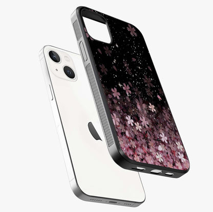 Small Starry Flowers Glass Case laid diagonally highlighting side profile, edges and glossy glass shine.