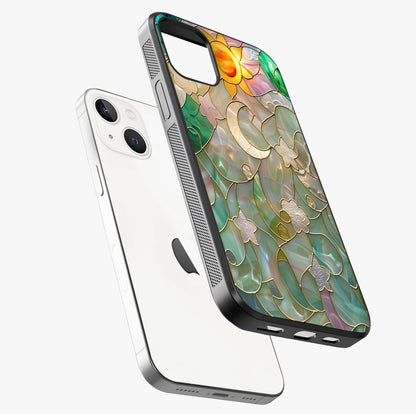 Stained Sunrise Glow Glass Case laid diagonally highlighting side profile, edges and glossy glass shine.