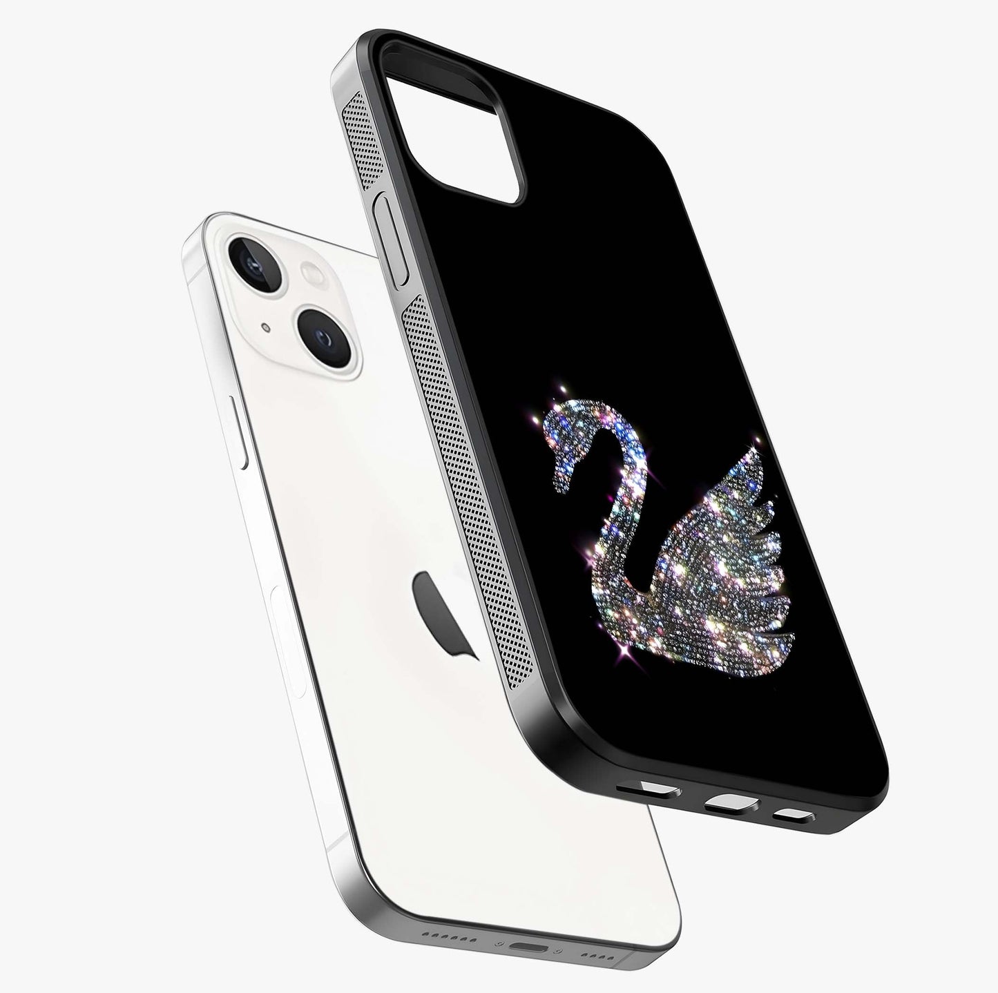 Starlit Swan Grace Glass Case laid diagonally highlighting side profile, edges and glossy glass shine.