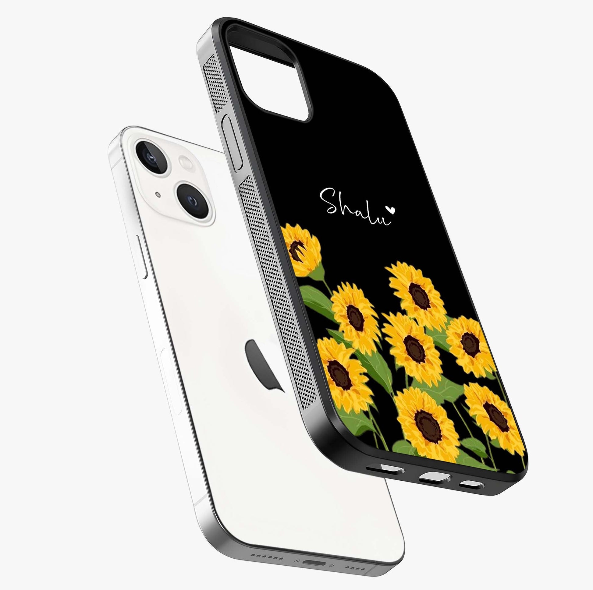 Sunflower Chic Mood Custom Name Glass Case laid diagonally highlighting side profile, edges and glossy glass shine.