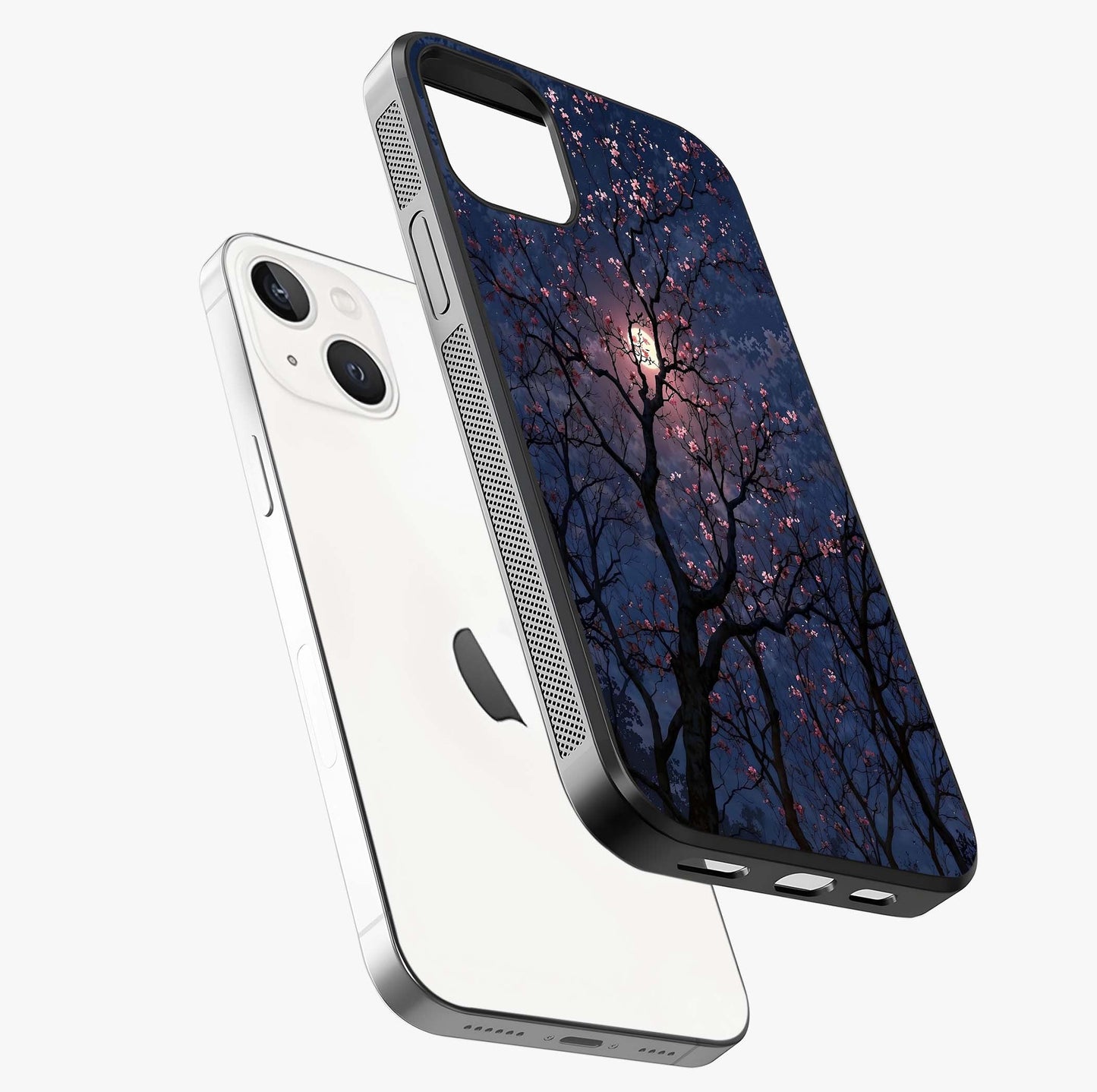 Twilight Sakura Serenade Glass Case laid diagonally highlighting side profile, edges and glossy glass shine.
