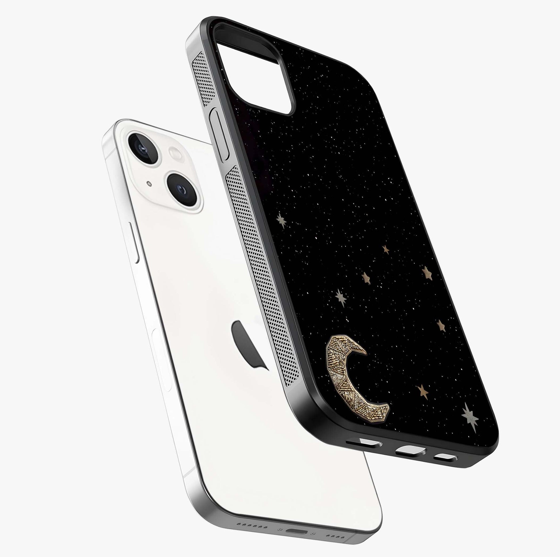 Twinkle Star With Half Moon Glass Case laid diagonally highlighting side profile, edges and glossy glass shine.