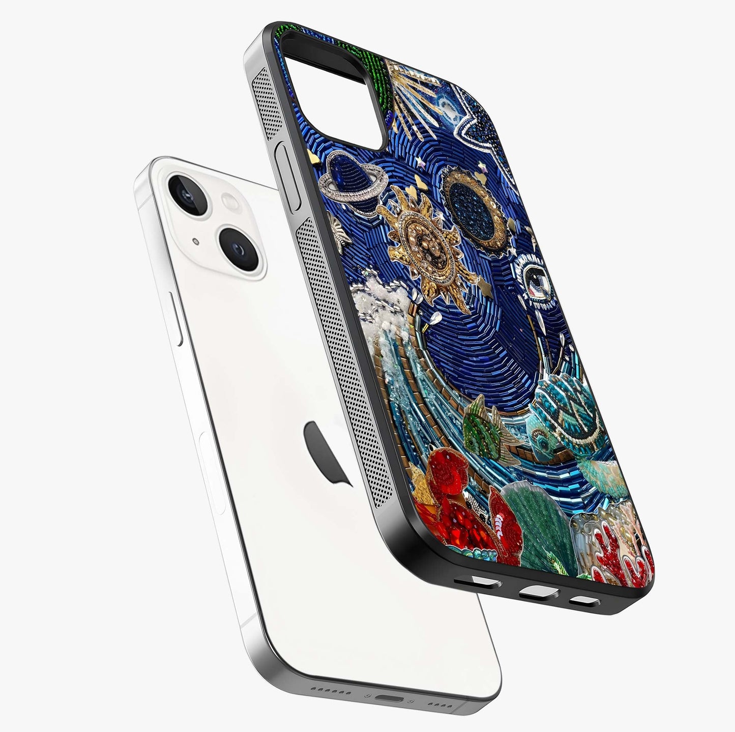 Universe Underwater Spark Glass Case laid diagonally highlighting side profile, edges and glossy glass shine.