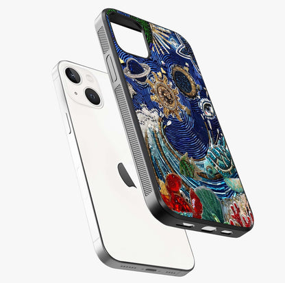 Universe Underwater Spark Glass Case laid diagonally highlighting side profile, edges and glossy glass shine.