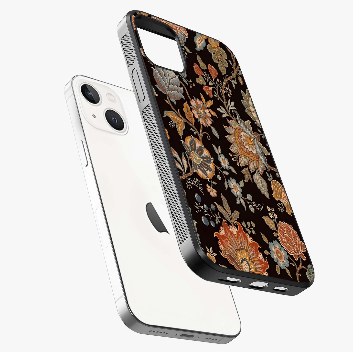 Vintage Floral Dream Glass Case laid diagonally highlighting side profile, edges and glossy glass shine.