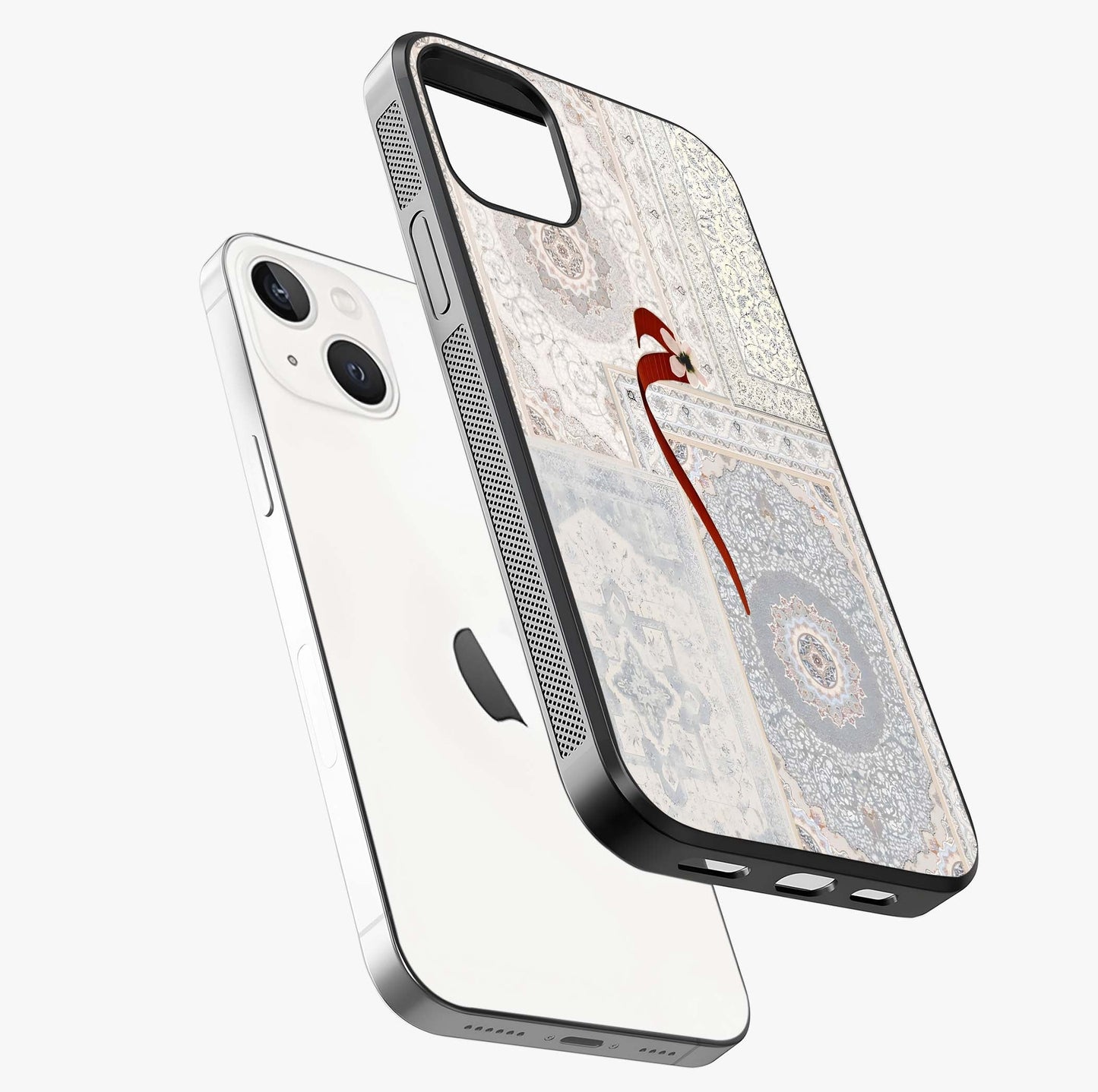 White Aesthetic Bow Glass Case laid diagonally highlighting side profile, edges and glossy glass shine.