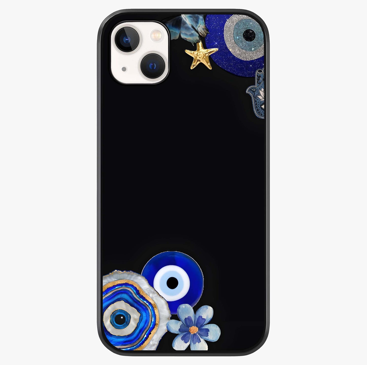 Aesthetic Blue Evil Eye Glass Case showing full back design in clean flat view with glossy glass finish.