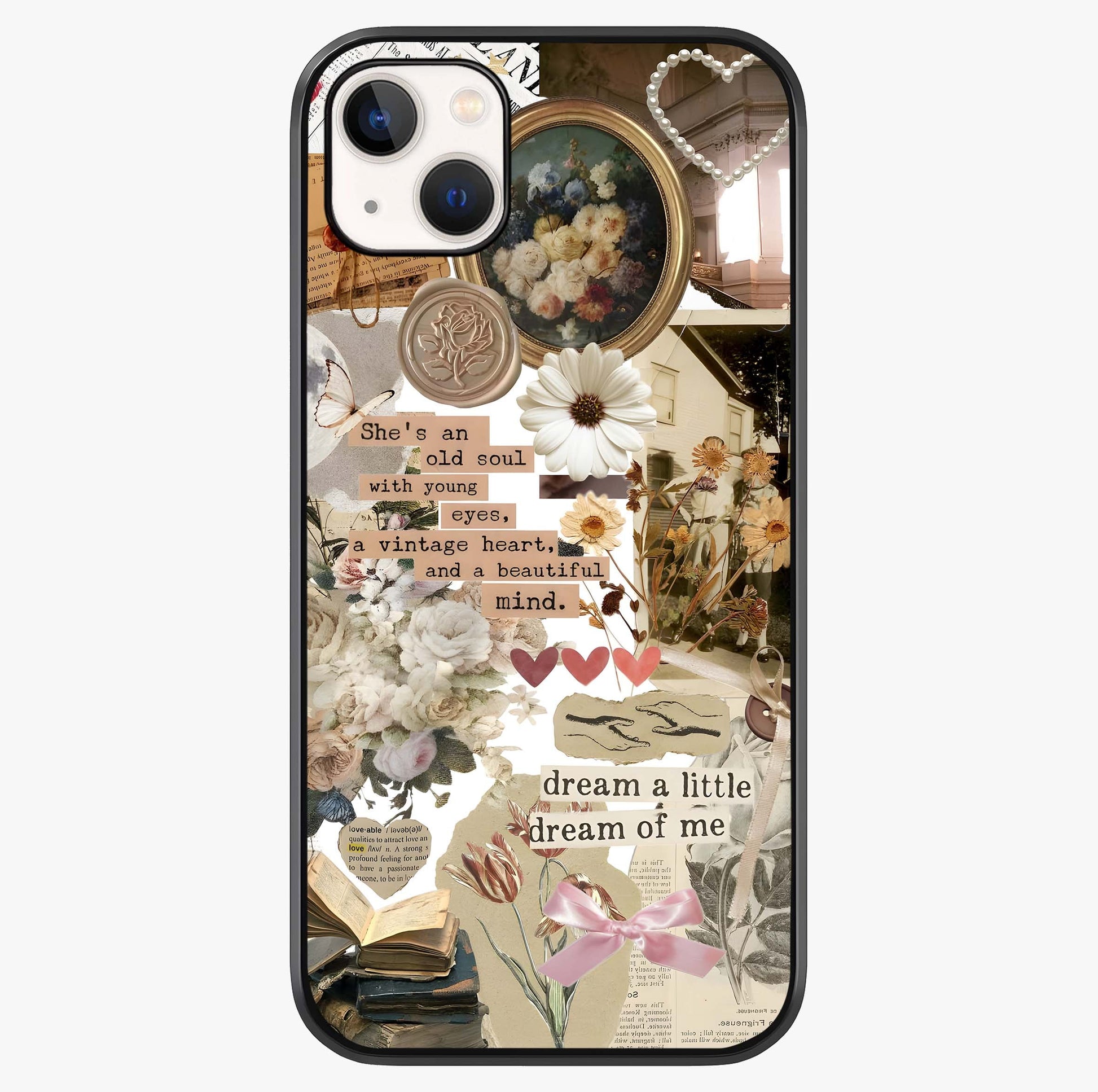 Aesthetic Brown Vintage Collage Glass Case showing full back design in clean flat view with glossy glass finish.