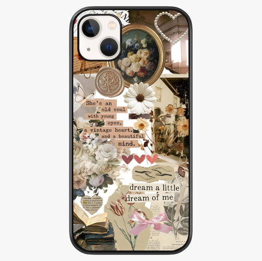 Aesthetic Brown Vintage Collage Glass Case showing full back design in clean flat view with glossy glass finish.