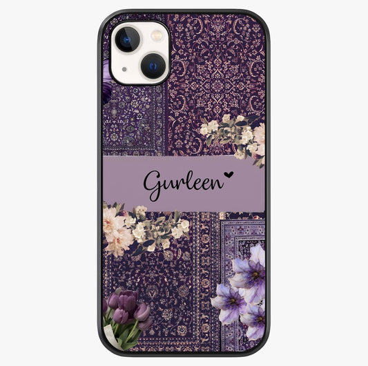 Antique Floral Whisper Custom Name Glass Case showing full back design in clean flat view with glossy glass finish.