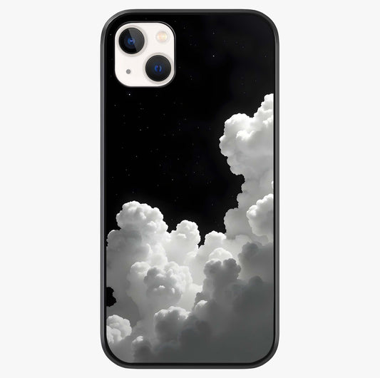 Black Background With White Cloud Glass Case showing full back design in clean flat view with glossy glass finish.