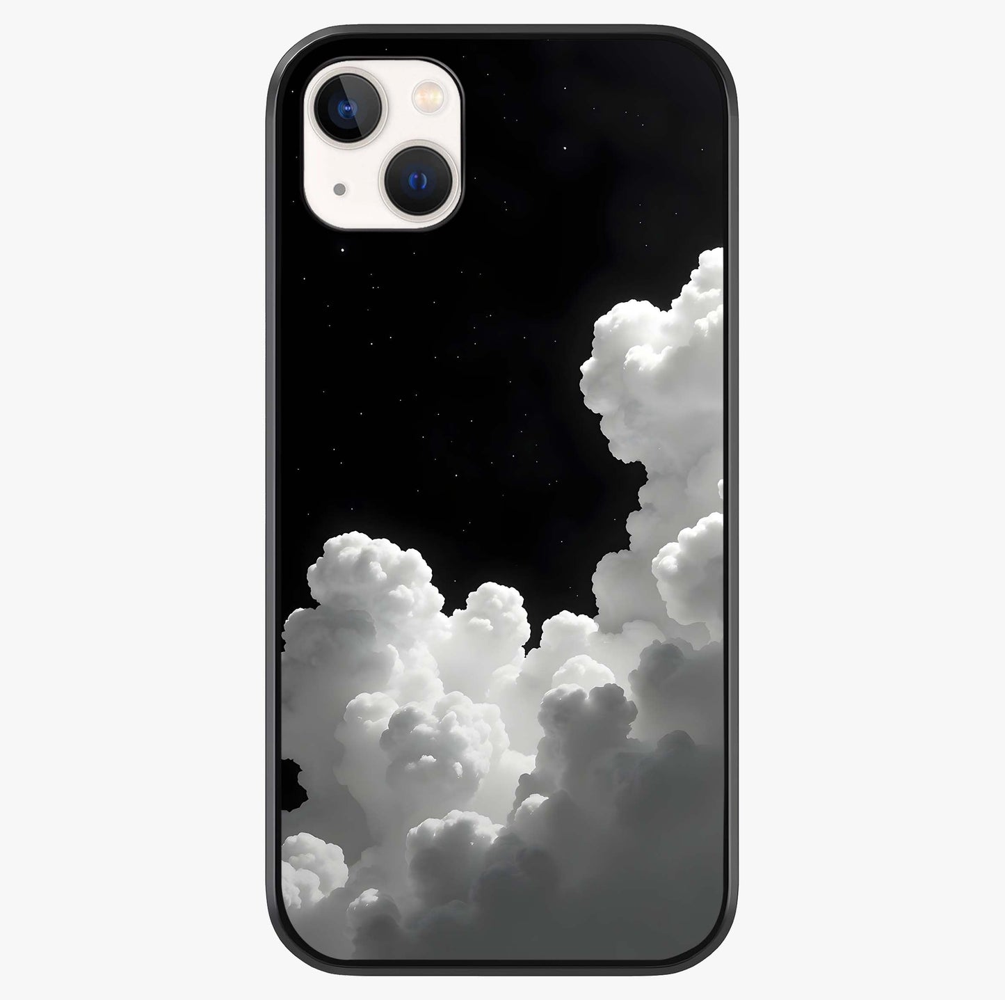 Black Background With White Cloud Glass Case showing full back design in clean flat view with glossy glass finish.