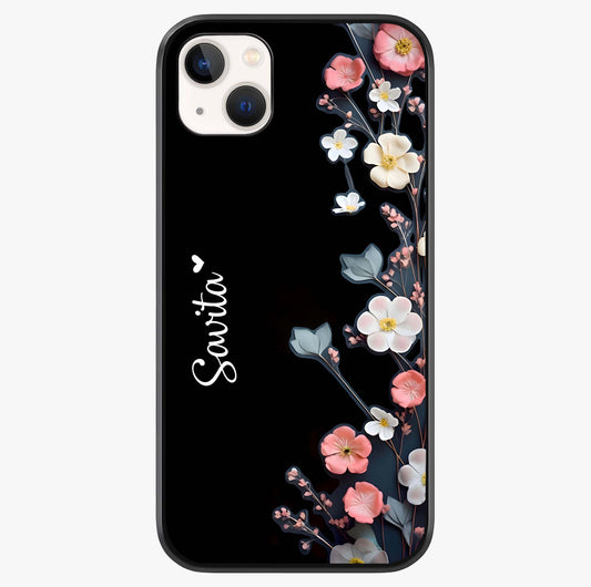 Black Elegance Floral Custom Name Glass Case showing full back design in clean flat view with glossy glass finish.