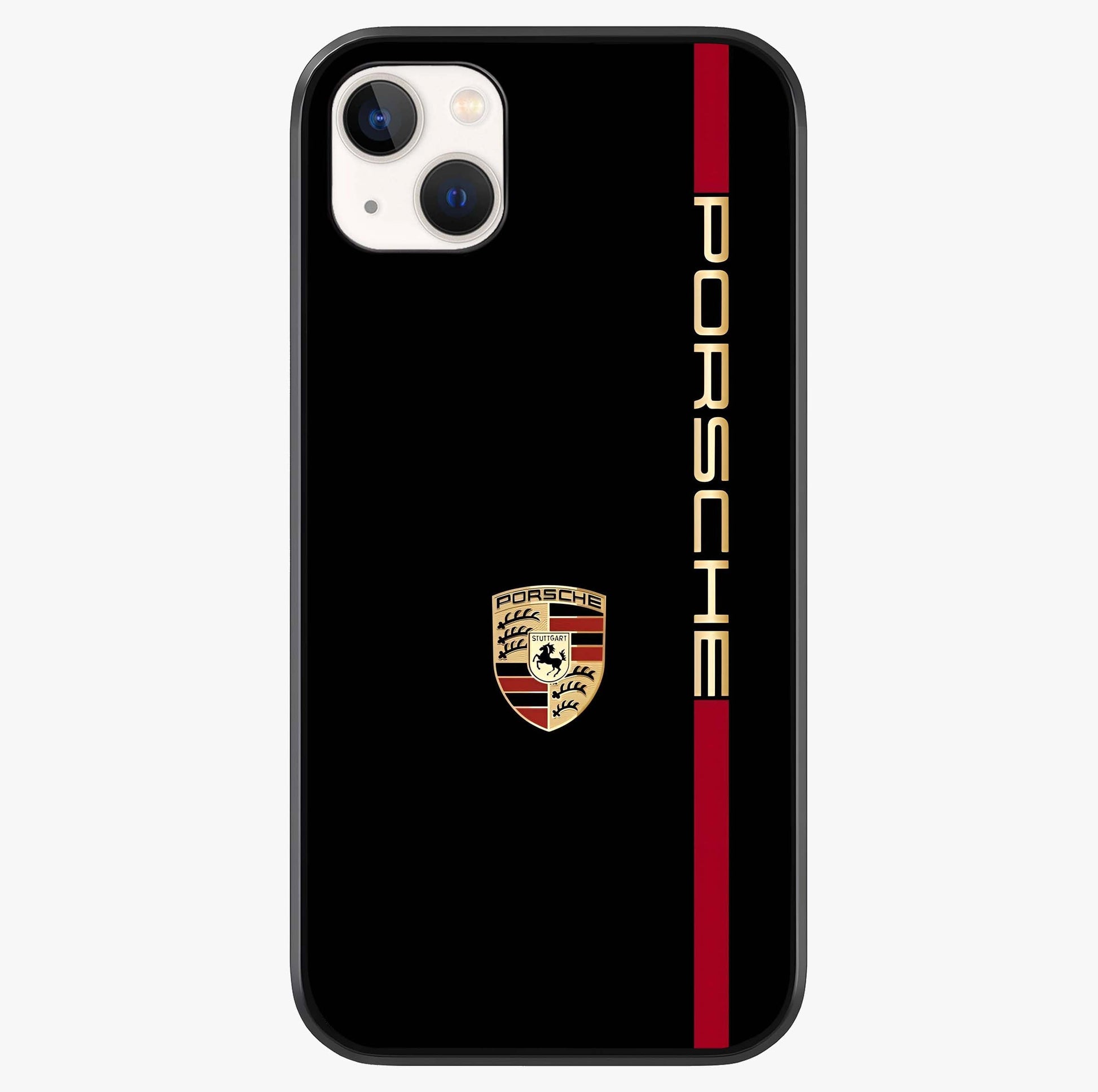 Black Minimal Porsche Glass Case showing full back design in clean flat view with glossy glass finish.