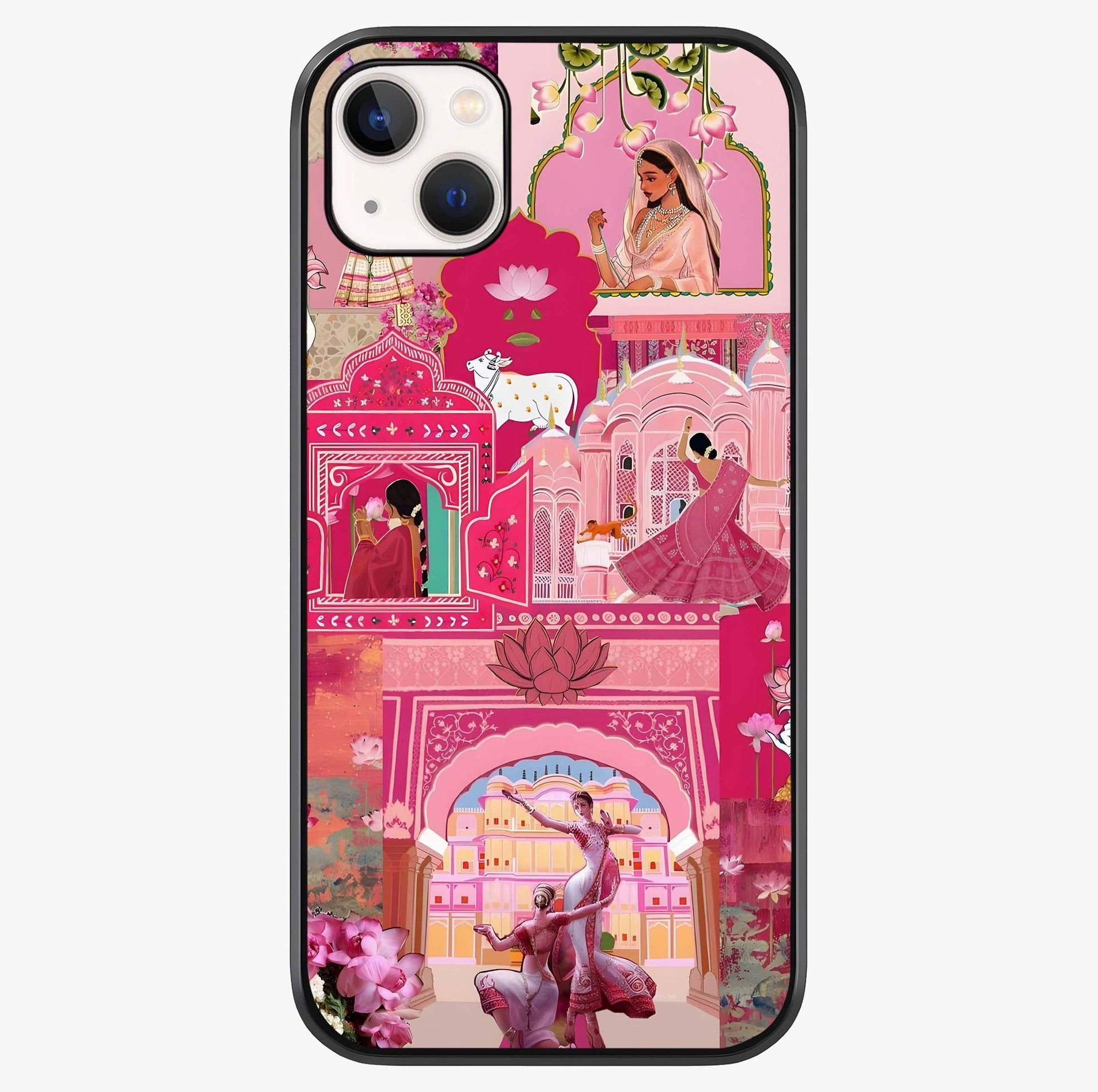 Blossoms Of Rajasthan Glass Case showing full back design in clean flat view with glossy glass finish.