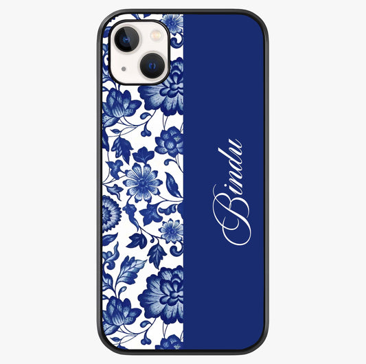Blue Vintage Floral Pattern Glass Case showing full back design in clean flat view with glossy glass finish.