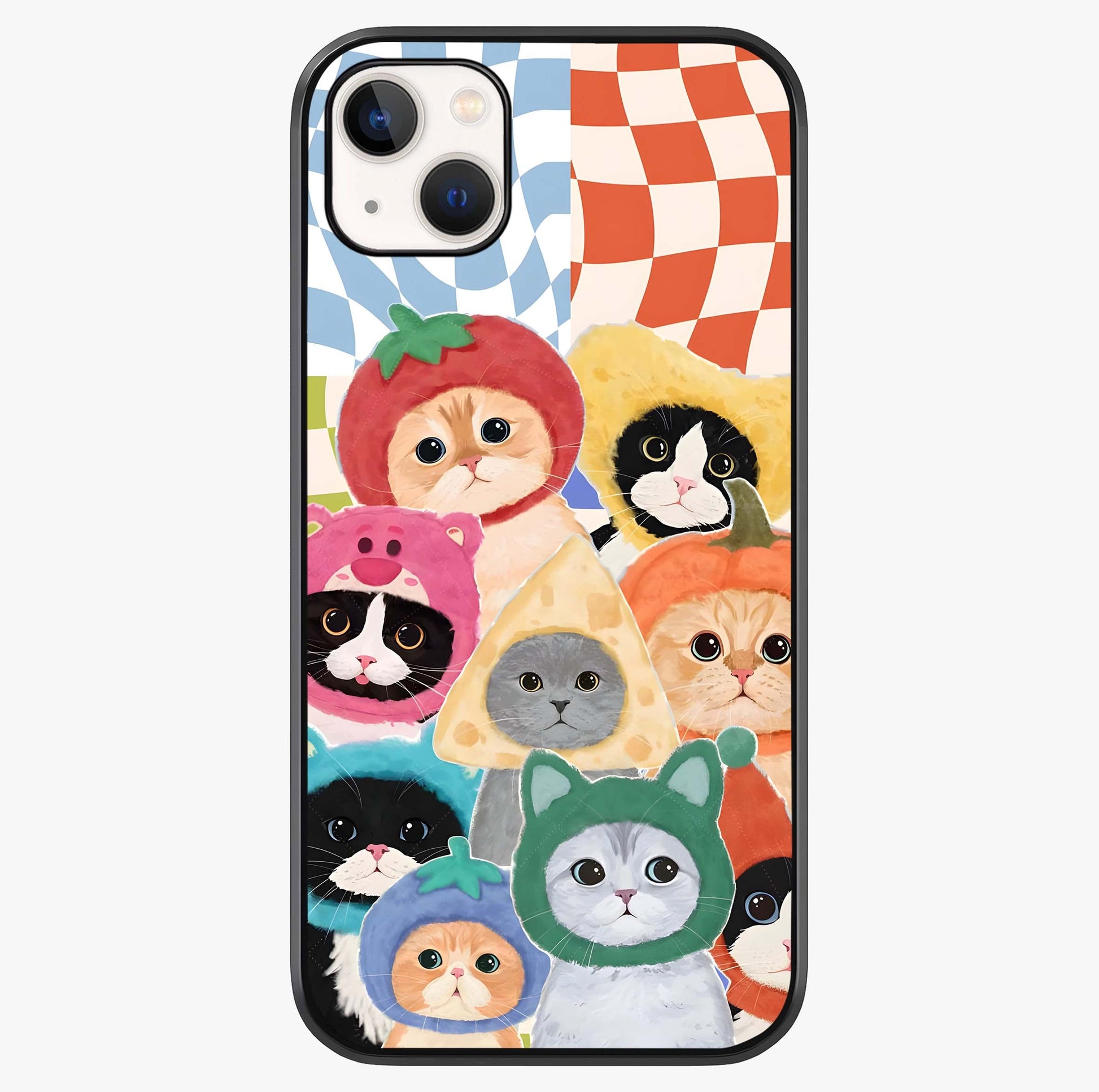 Cats In Fruits Glass Case showing full back design in clean flat view with glossy glass finish.