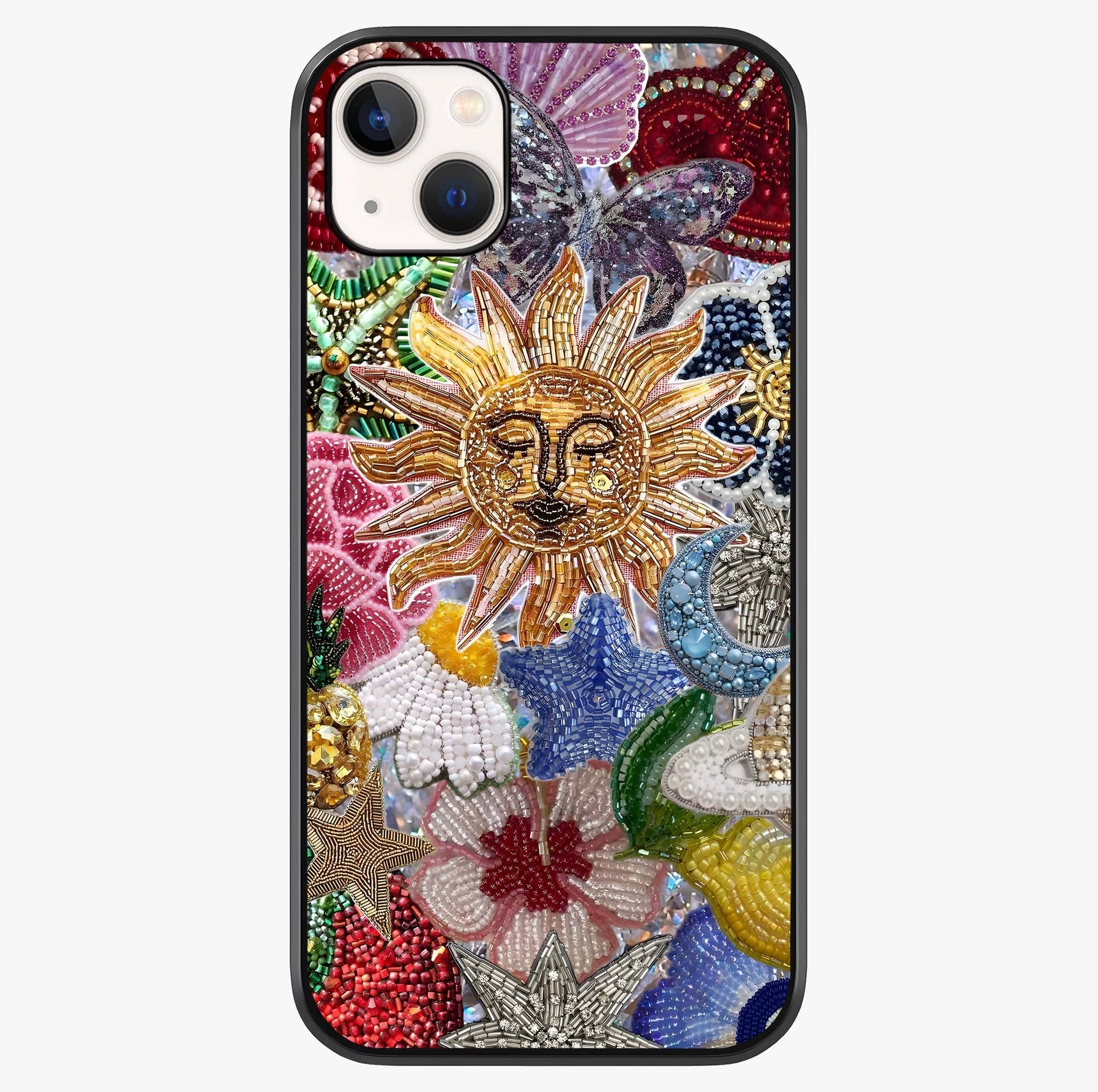 Celestial Floral And Playful Glass Case showing full back design in clean flat view with glossy glass finish.