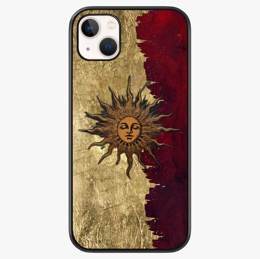Crimson Sun Majesty Glass Case showing full back design in clean flat view with glossy glass finish.