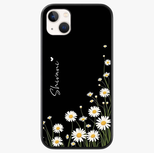 Daisy Cascade Custom Name Glass Case showing full back design in clean flat view with glossy glass finish.