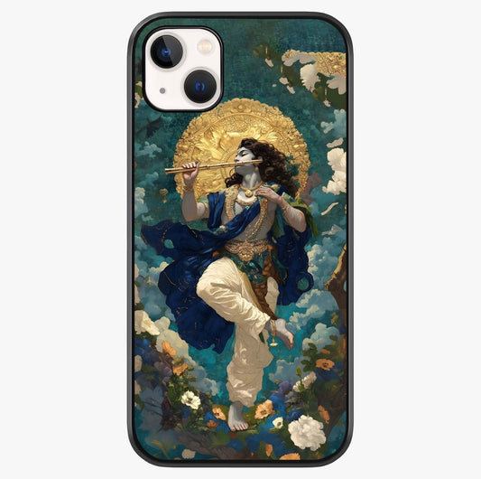 Divine Krishna Art Glass Case showing full back design in clean flat view with glossy glass finish.