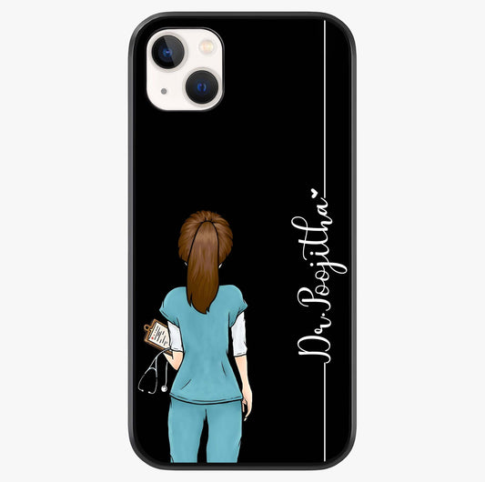 Doctor Pattern Custom Name Glass Case showing full back design in clean flat view with glossy glass finish.