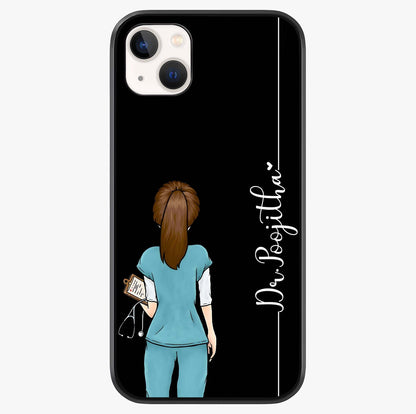 Doctor Pattern Custom Name Glass Case showing full back design in clean flat view with glossy glass finish.