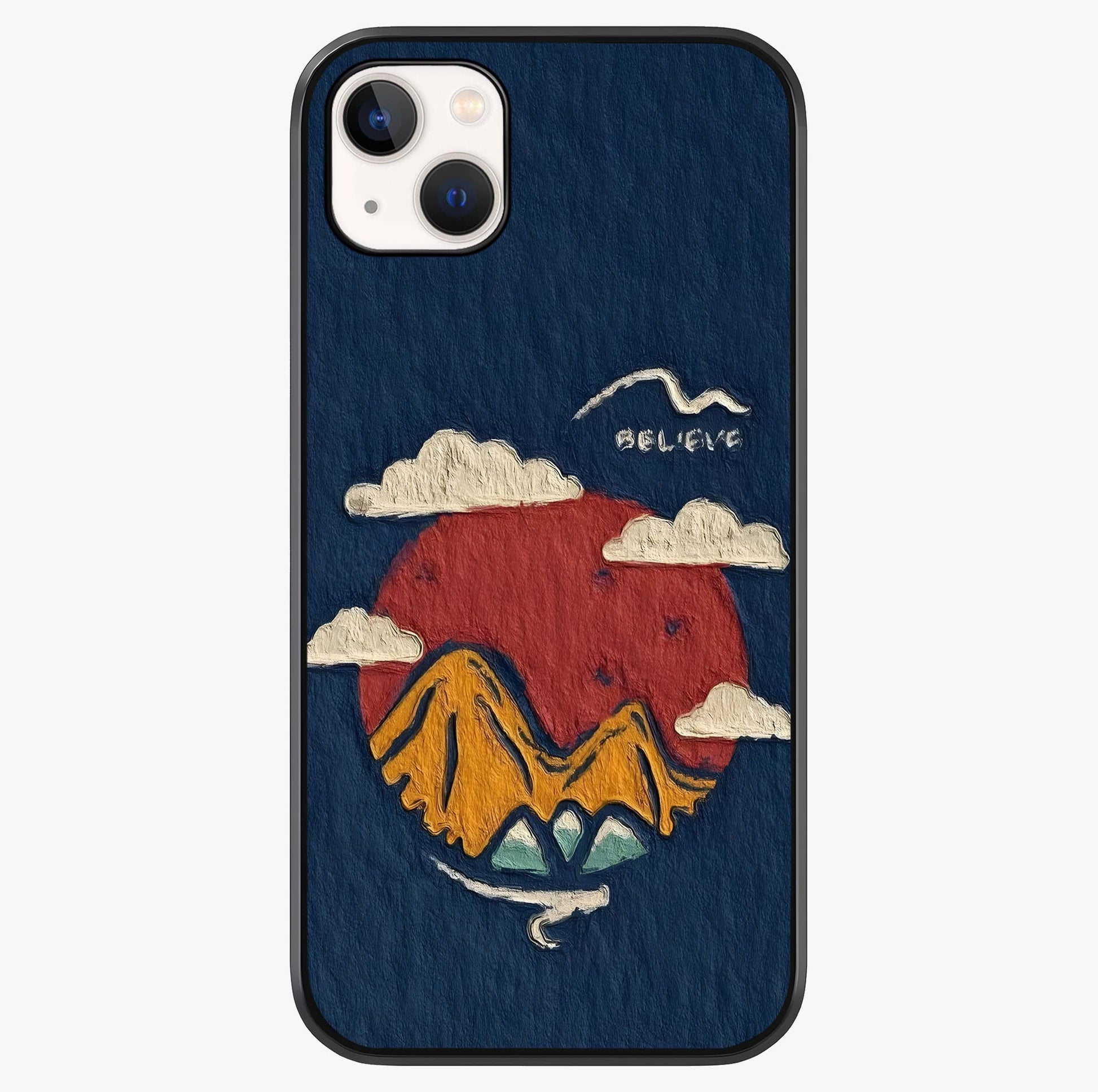 Dream Beyond Mountains Glass Case showing full back design in clean flat view with glossy glass finish.
