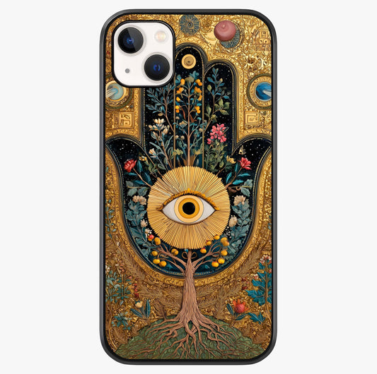 Ethereal Evil Eye Glass Case showing full back design in clean flat view with glossy glass finish.