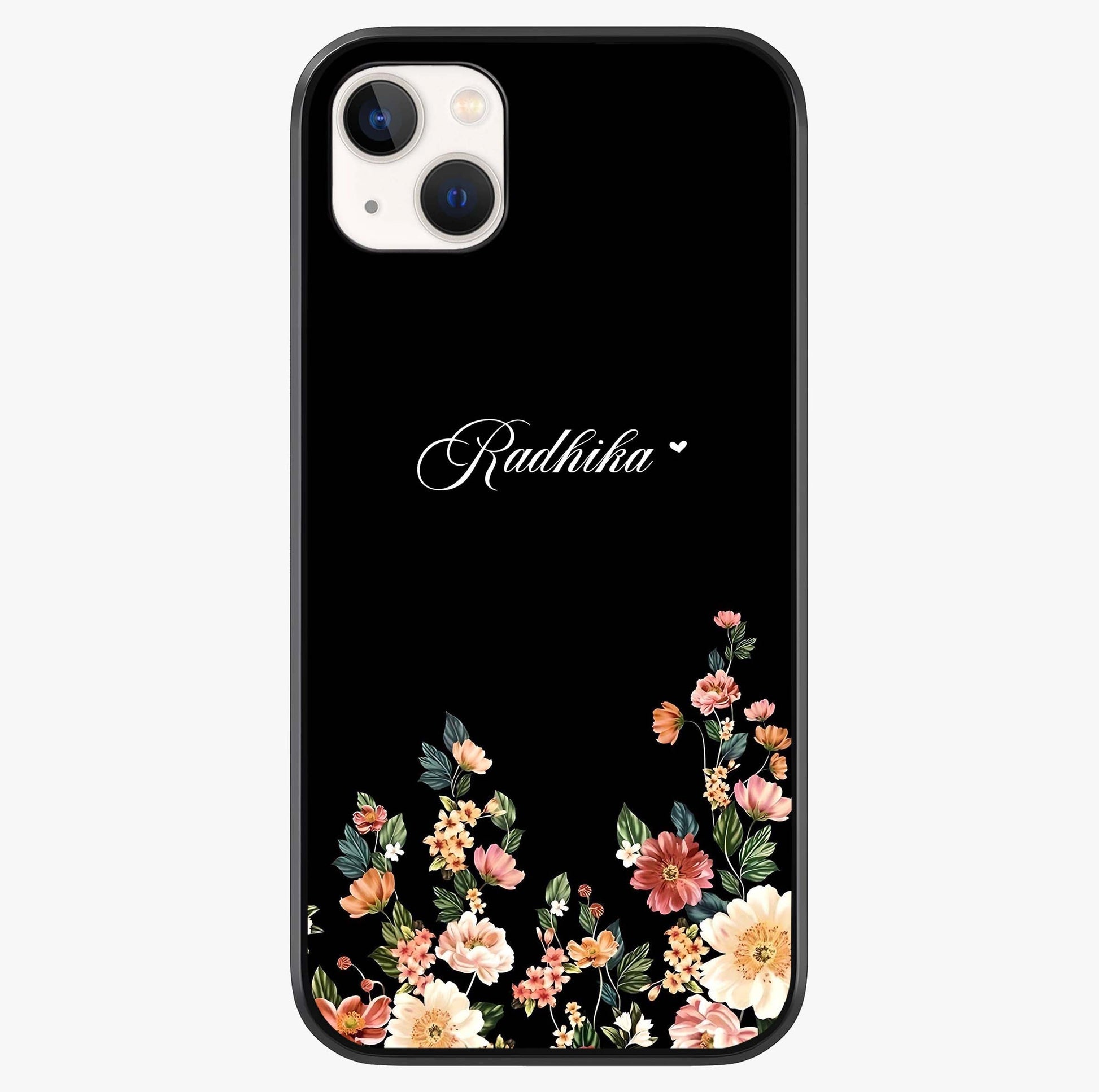 Floral Design With A Custom Personalized Name Glass Case showing full back design in clean flat view with glossy glass finish.