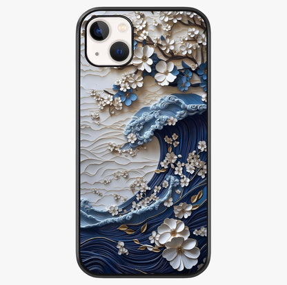 Floral Wave Origami Glass Case showing full back design in clean flat view with glossy glass finish.
