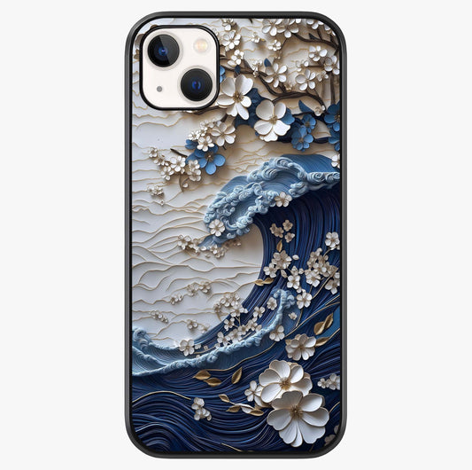 Floral Wave Origami Glass Case showing full back design in clean flat view with glossy glass finish.