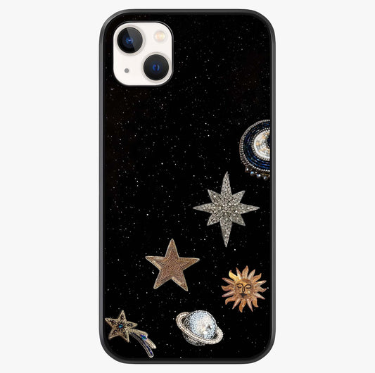 Galactic Charm Glow Glass Case showing full back design in clean flat view with glossy glass finish.