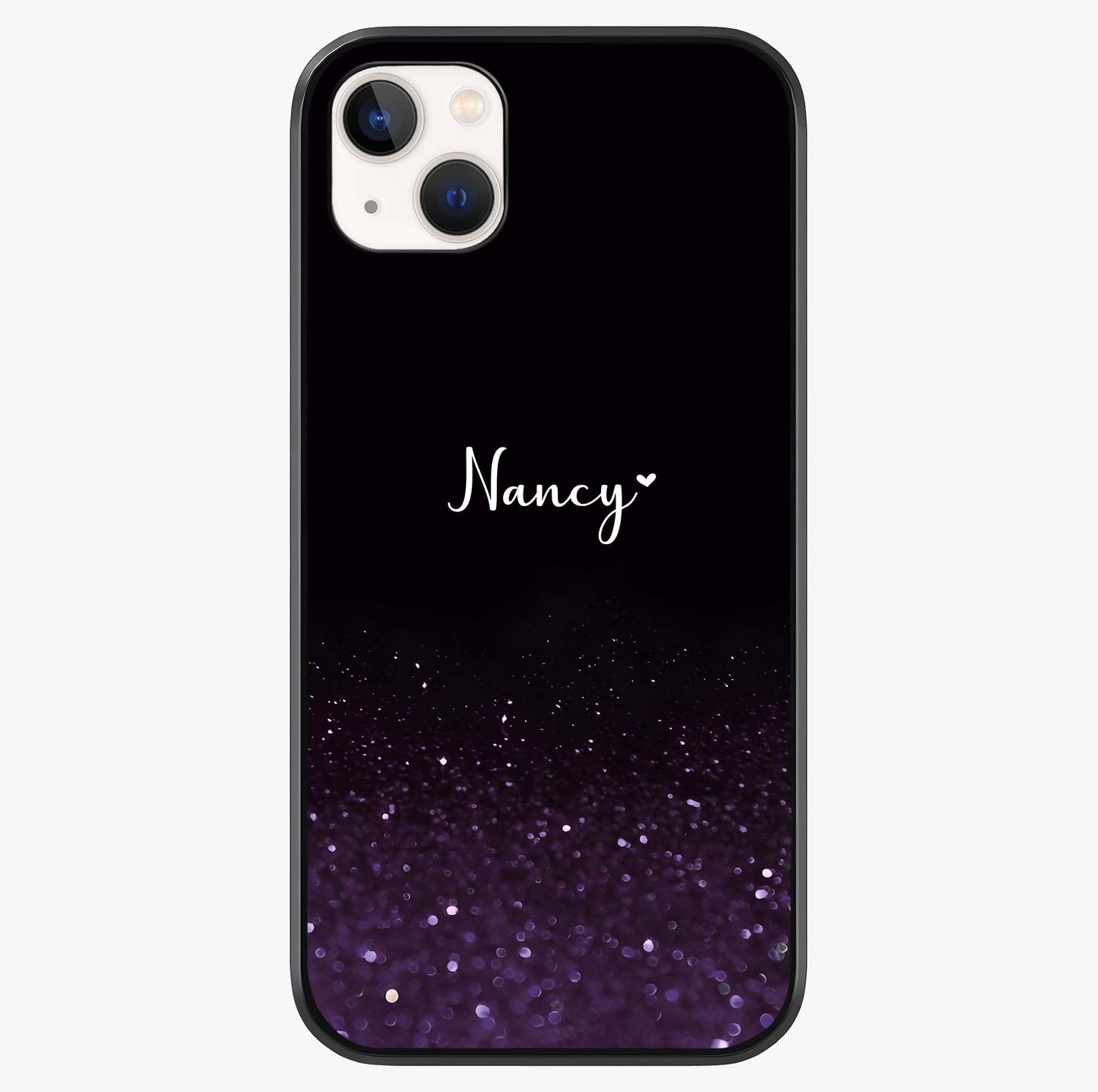 Glittery Purple Bokeh Custom Name Glass Case showing full back design in clean flat view with glossy glass finish.