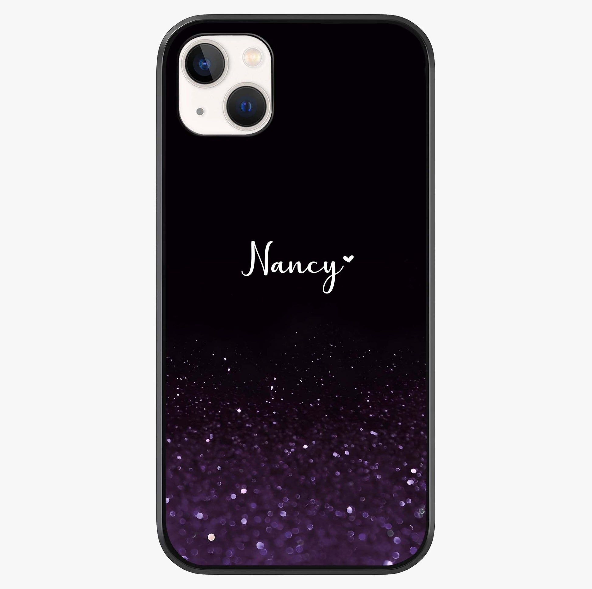 Glittery Purple Bokeh Custom Name Glass Case showing full back design in clean flat view with glossy glass finish.