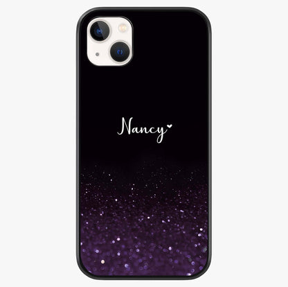 Glittery Purple Bokeh Custom Name Glass Case showing full back design in clean flat view with glossy glass finish.
