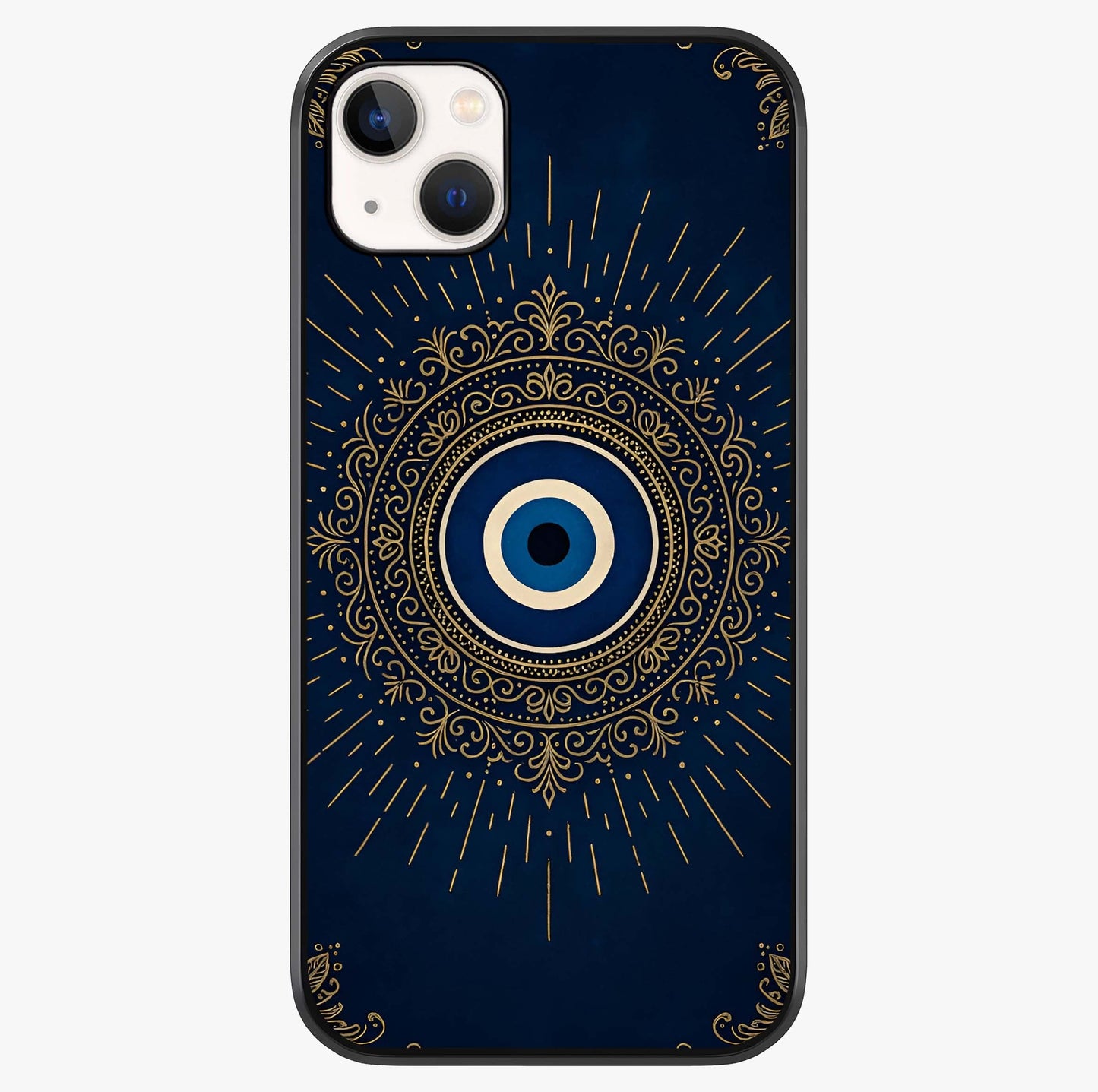Golden Evil Eye Mandala Glass Case showing full back design in clean flat view with glossy glass finish.