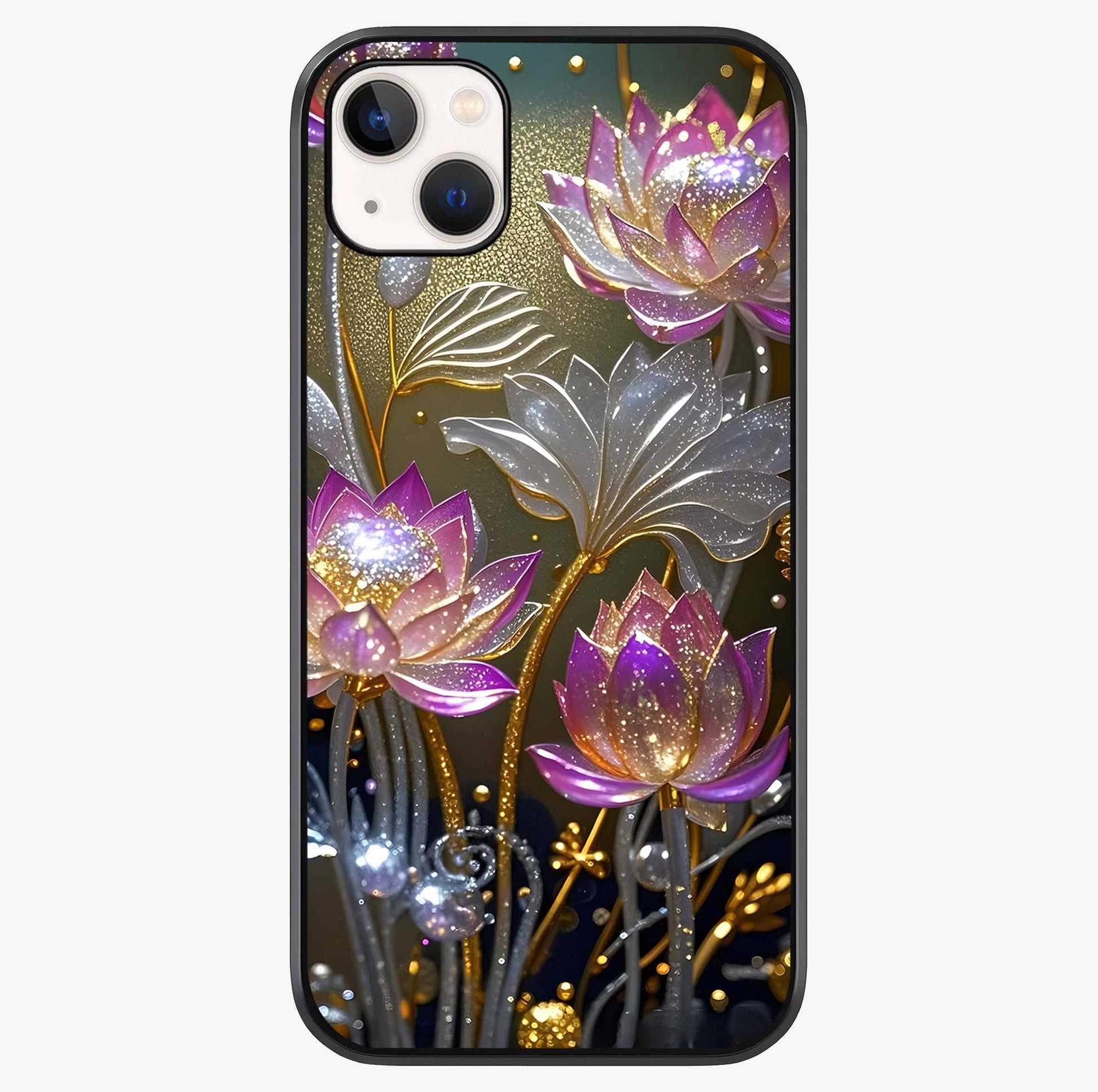 Golden Lotus Glow Glass Case showing full back design in clean flat view with glossy glass finish.