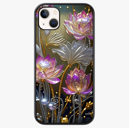 Golden Lotus Glow Glass Case showing full back design in clean flat view with glossy glass finish.