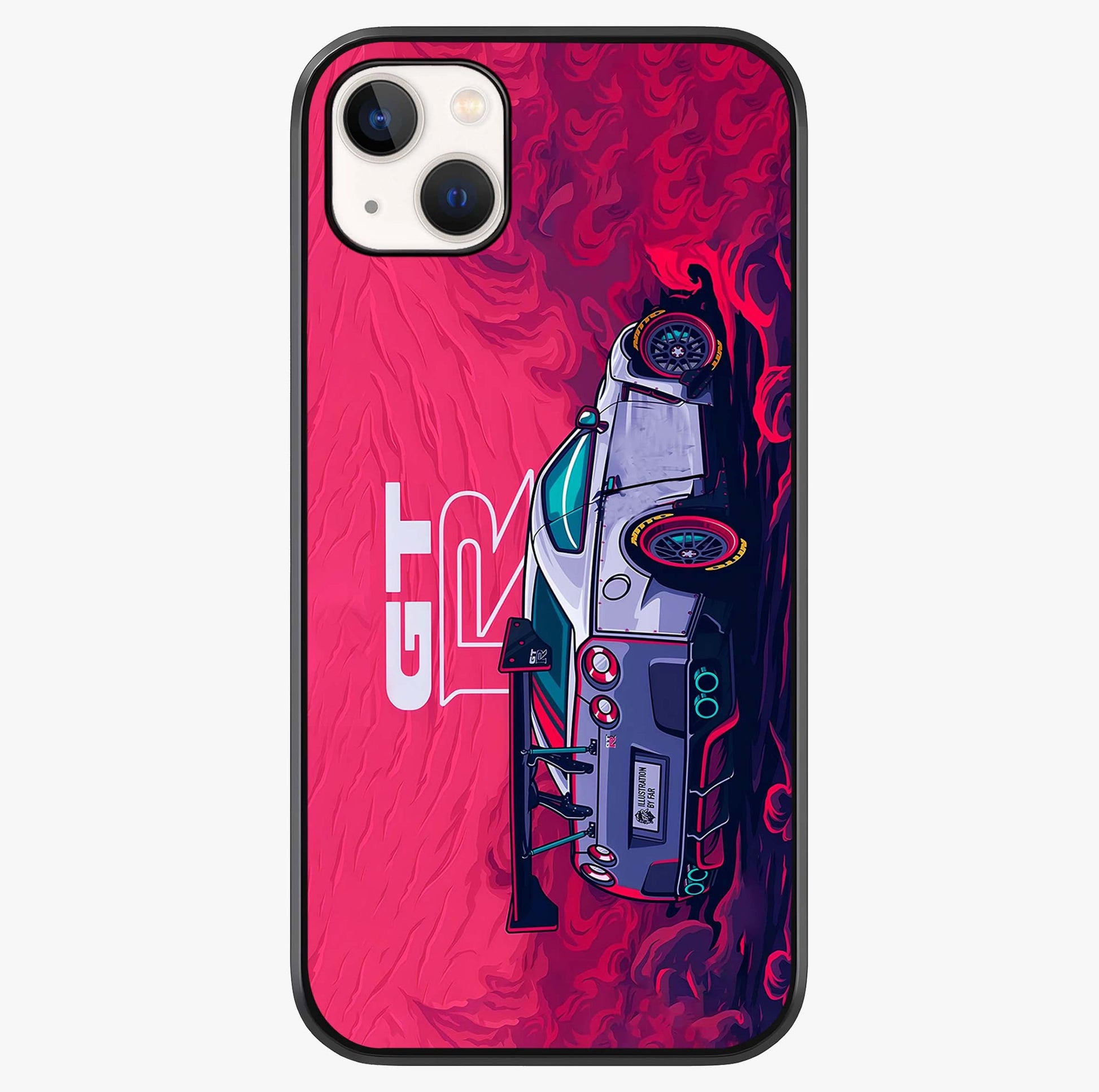 GT R Car Pattern Glass Case showing full back design in clean flat view with glossy glass finish.