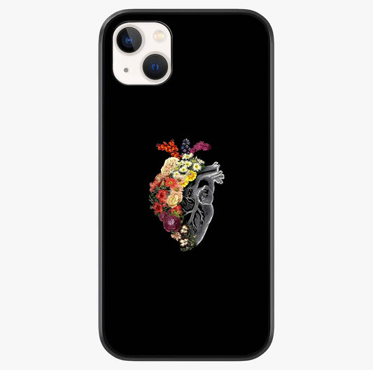 Heart With Flowers Glass Case showing full back design in clean flat view with glossy glass finish.