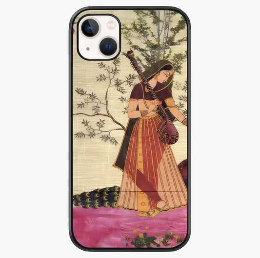 Lady With Veena Art Glass Case showing full back design in clean flat view with glossy glass finish.